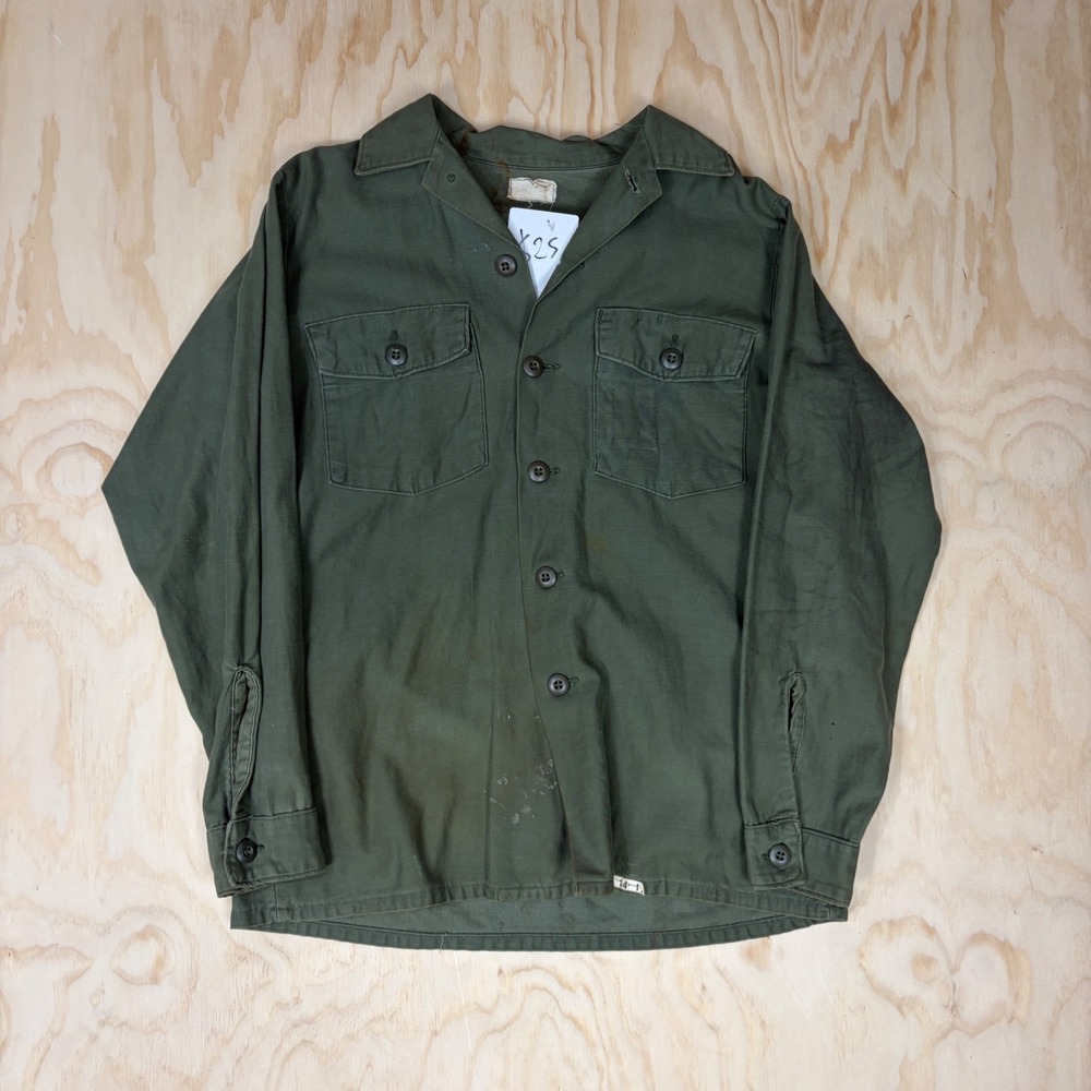 Vintage OG-107 Military Fatigue Utility Shirt Olive Green Distressed Sateen 14-1